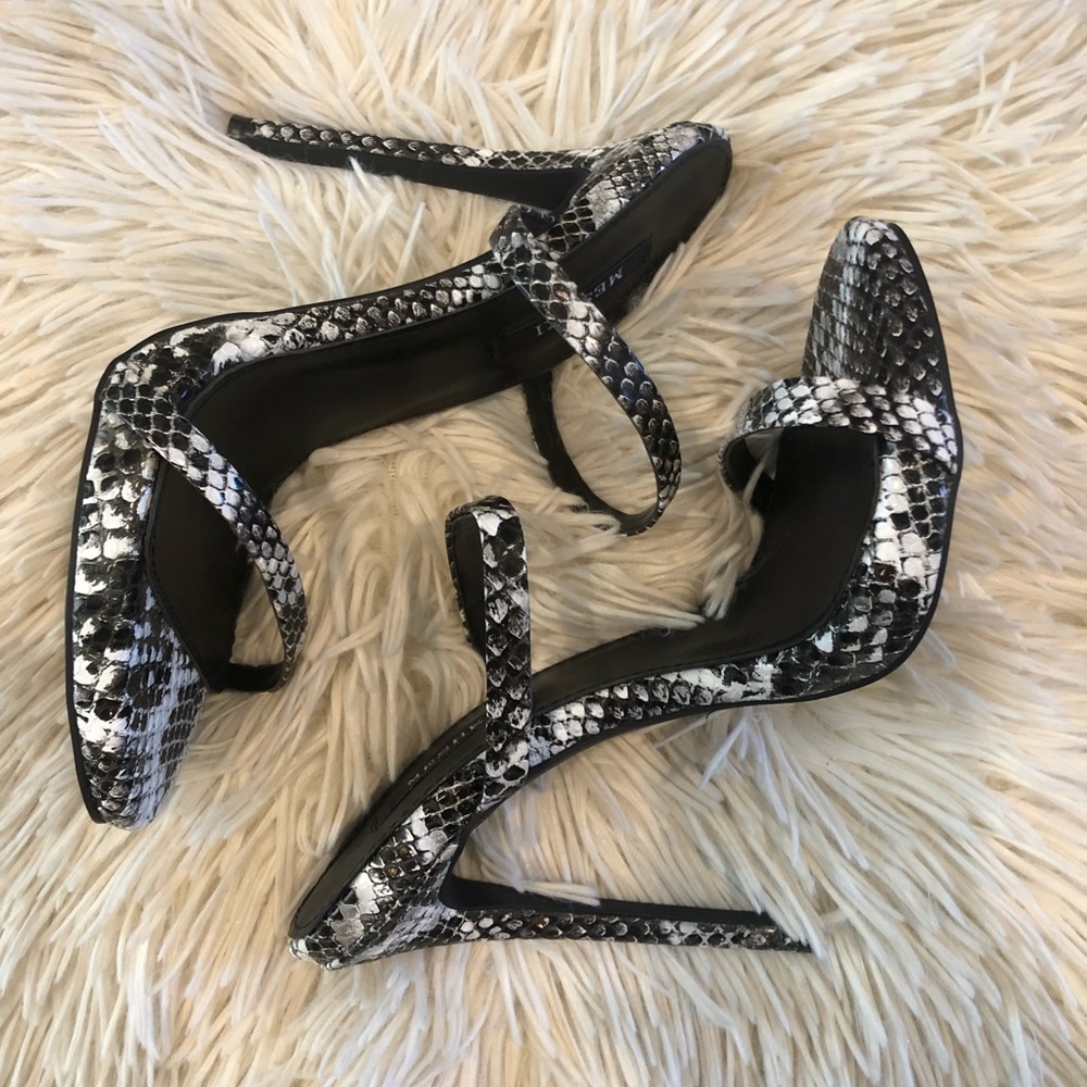 Black and white snake skin double strap sandal